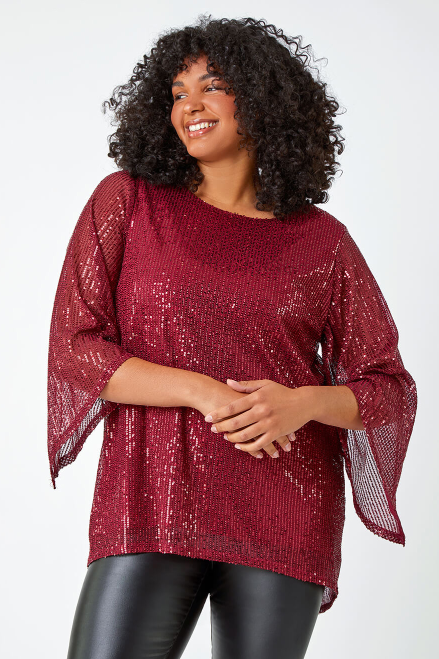 Red Curve Sheer Sleeve Sequin Top, Image 5 of 5