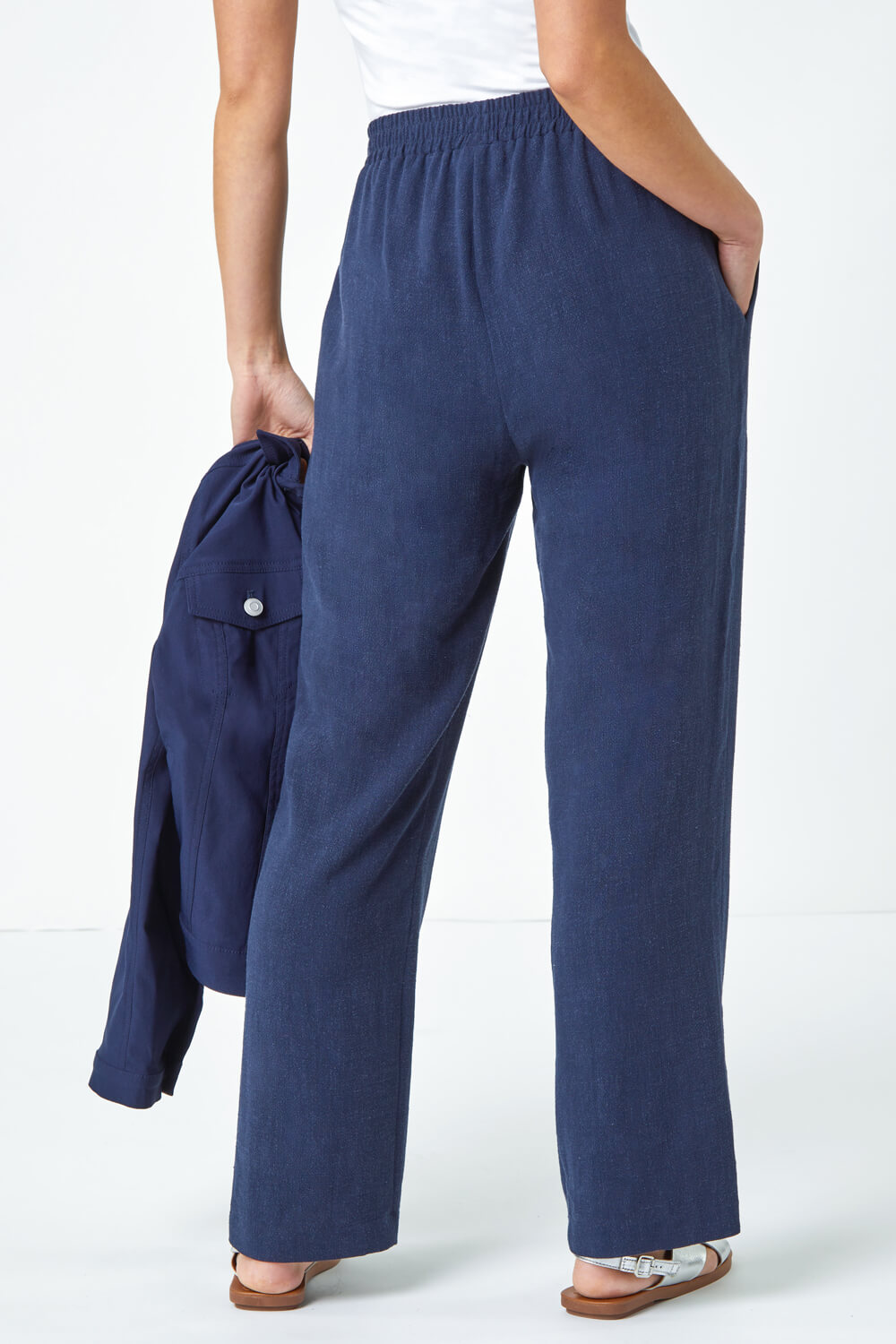 Navy  Petite Linen Mix Trousers, Image 3 of 5