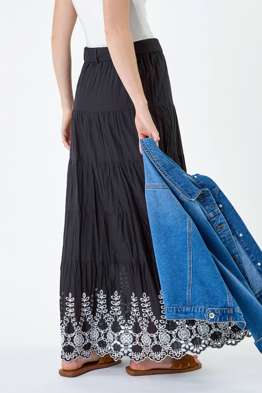 Black Cotton Broderie A line Tiered Maxi Skirt, Image 3 of 6