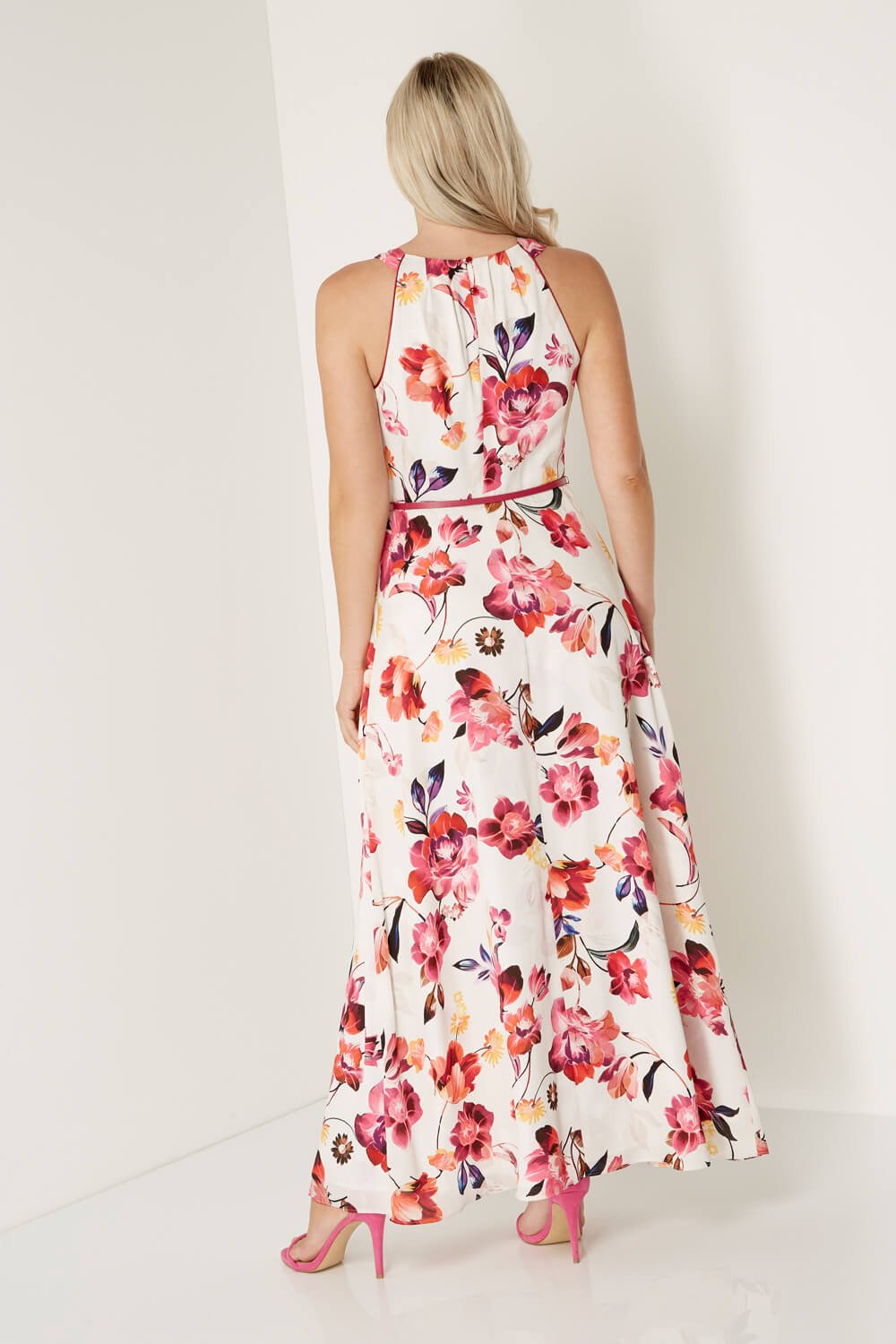 Fuchsia Floral Belted Maxi Dress, Image 3 of 4