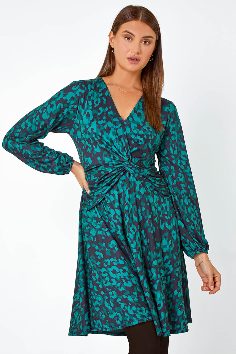 Green Leopard Print Gathered Stretch Dress, Image 2 of 5