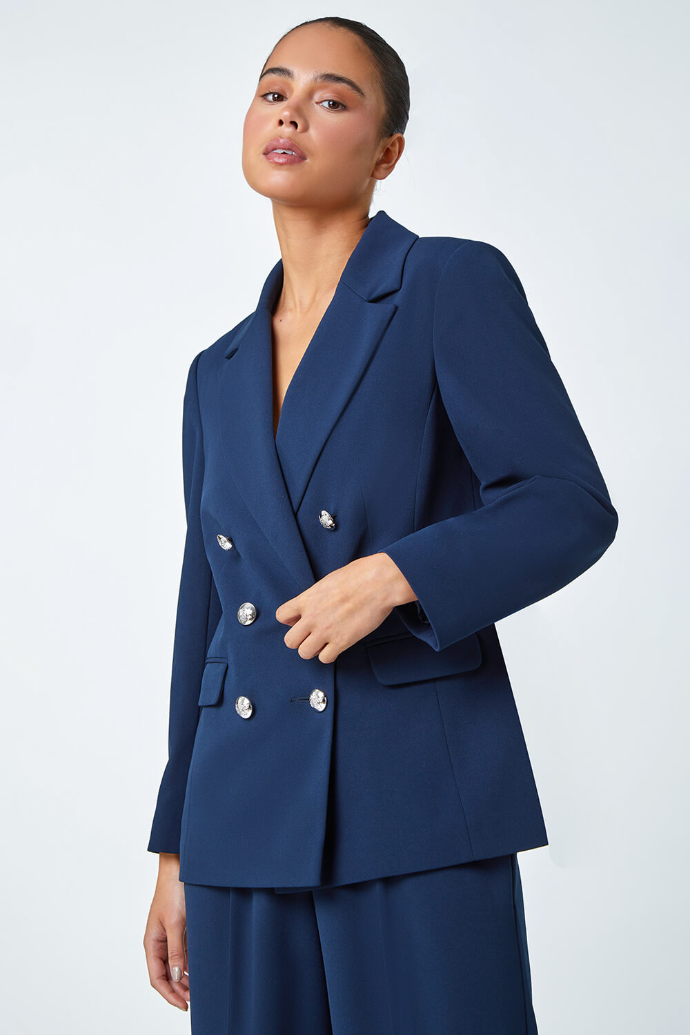 Navy  Petite Double Breasted Stretch Blazer, Image 4 of 5