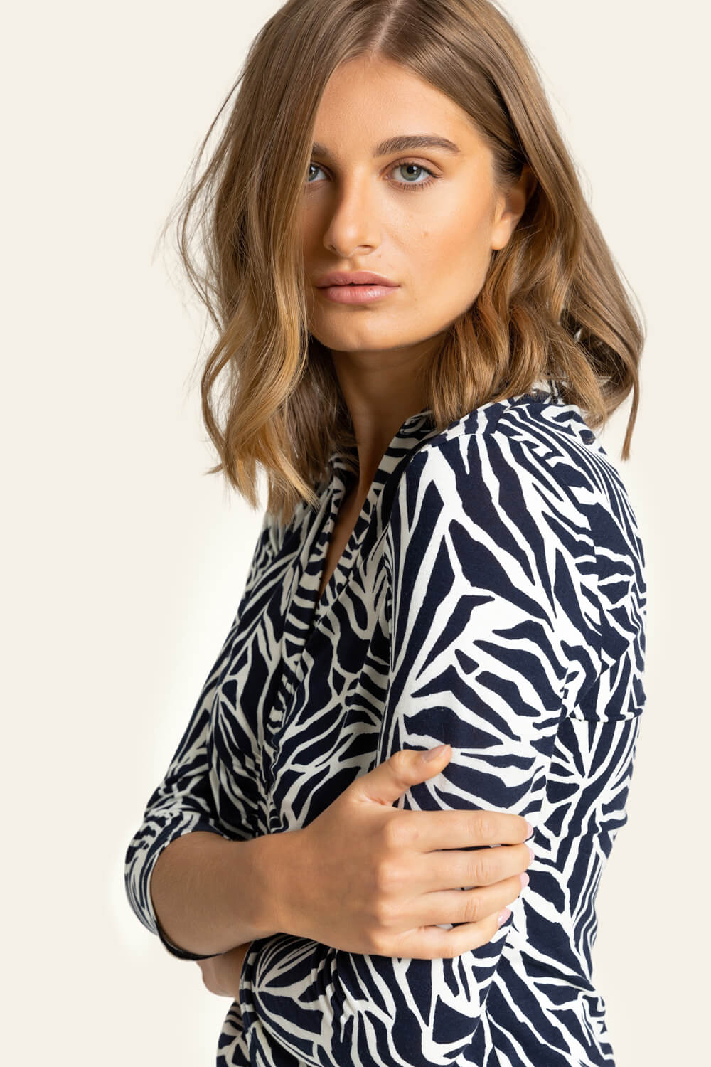 Navy  Animal Print Buttoned Jersey Blouse, Image 4 of 4
