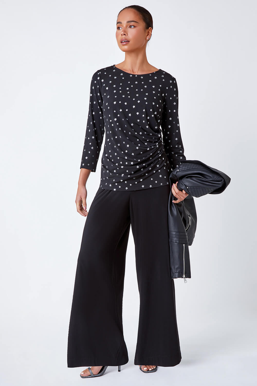 Black Petite Star Ruched Stretch Top, Image 2 of 5