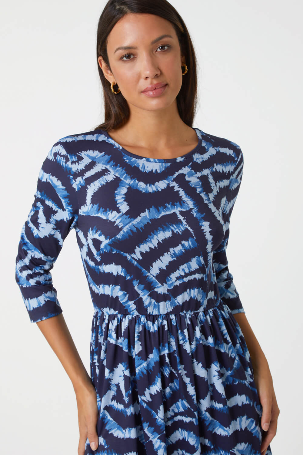 Blue Abstract Pocket Detail Midi Stretch Dress, Image 4 of 5