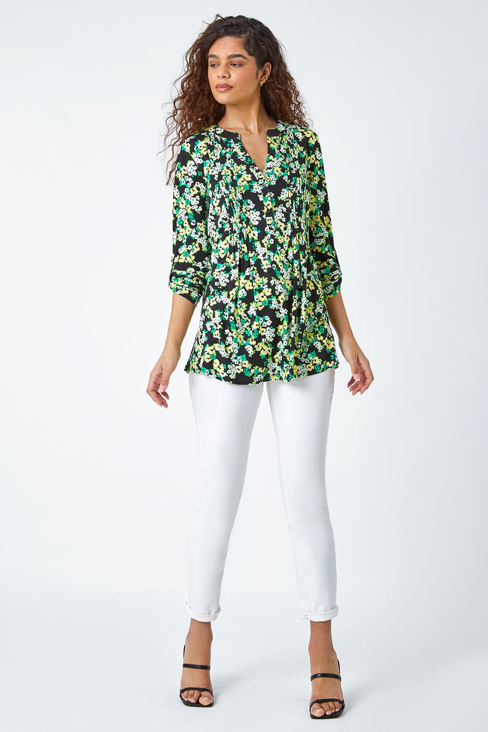 Green Floral Print Pintuck Stretch Top, Image 2 of 6