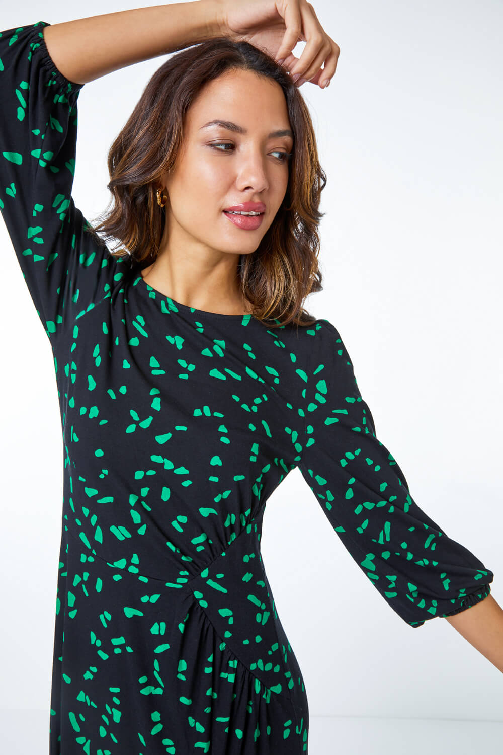 Stretch Jersey Abstract Midi Dress in Green - Roman Originals UK