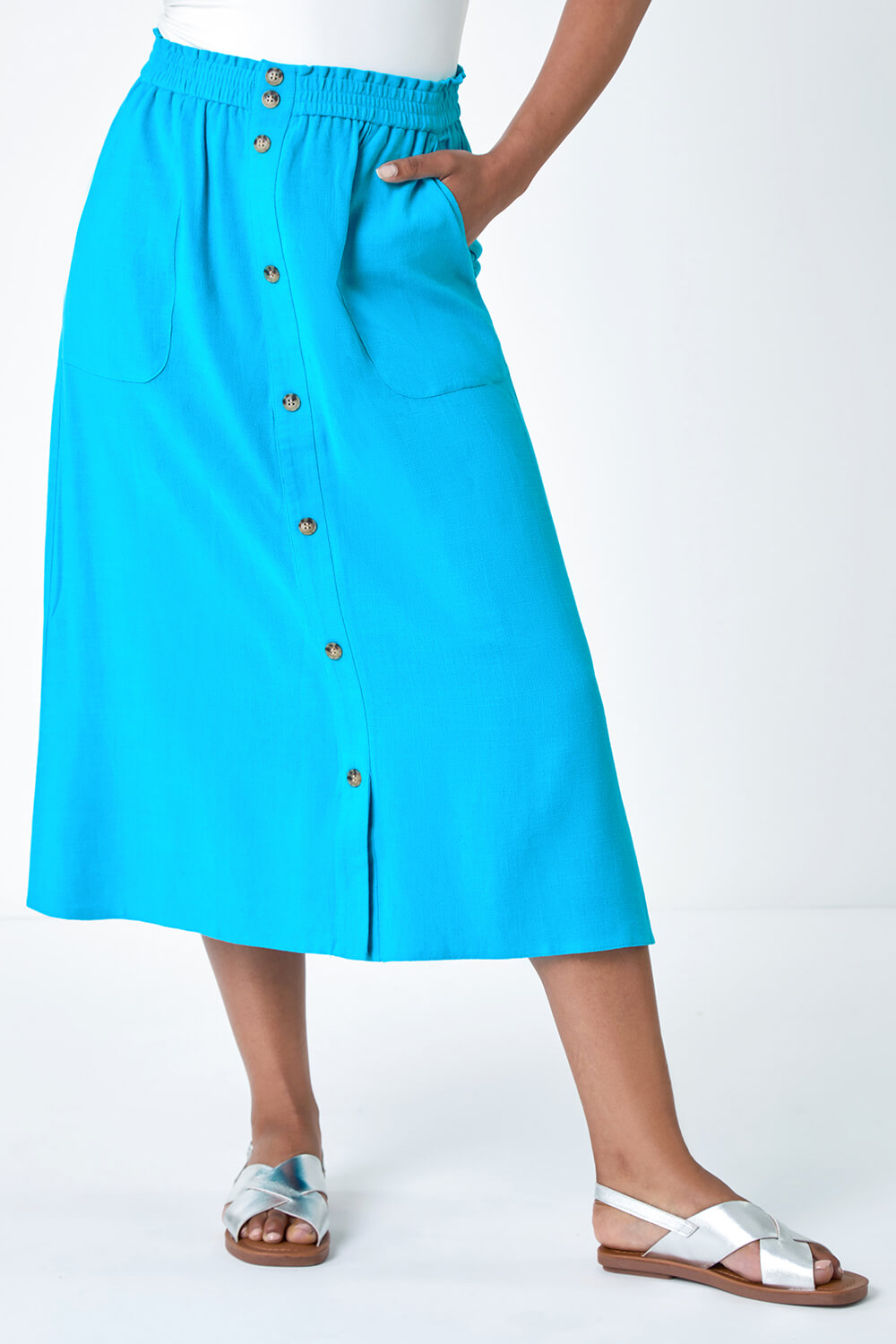Turquoise Petite Linen Blend Button Midi Skirt, Image 4 of 5