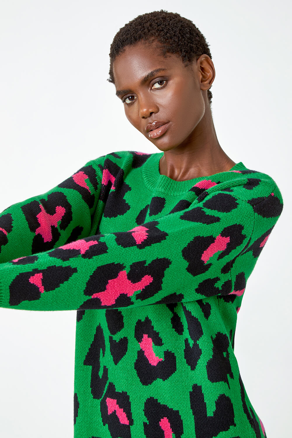 Green Leopard Print Knitted Jumper Dress, Image 4 of 5