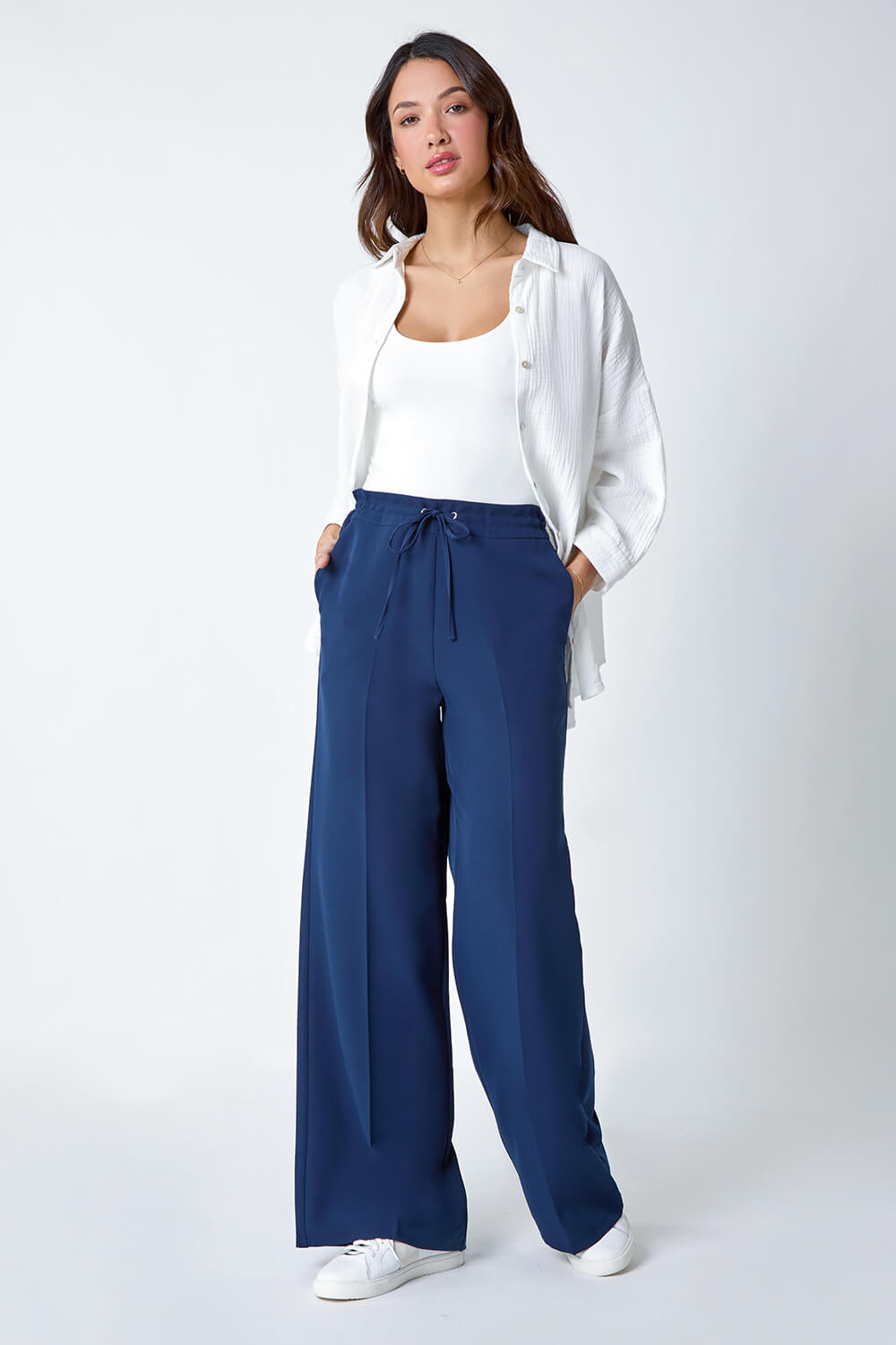 Navy  Wide Leg Tie Front Stretch Trouser, Image 2 of 5