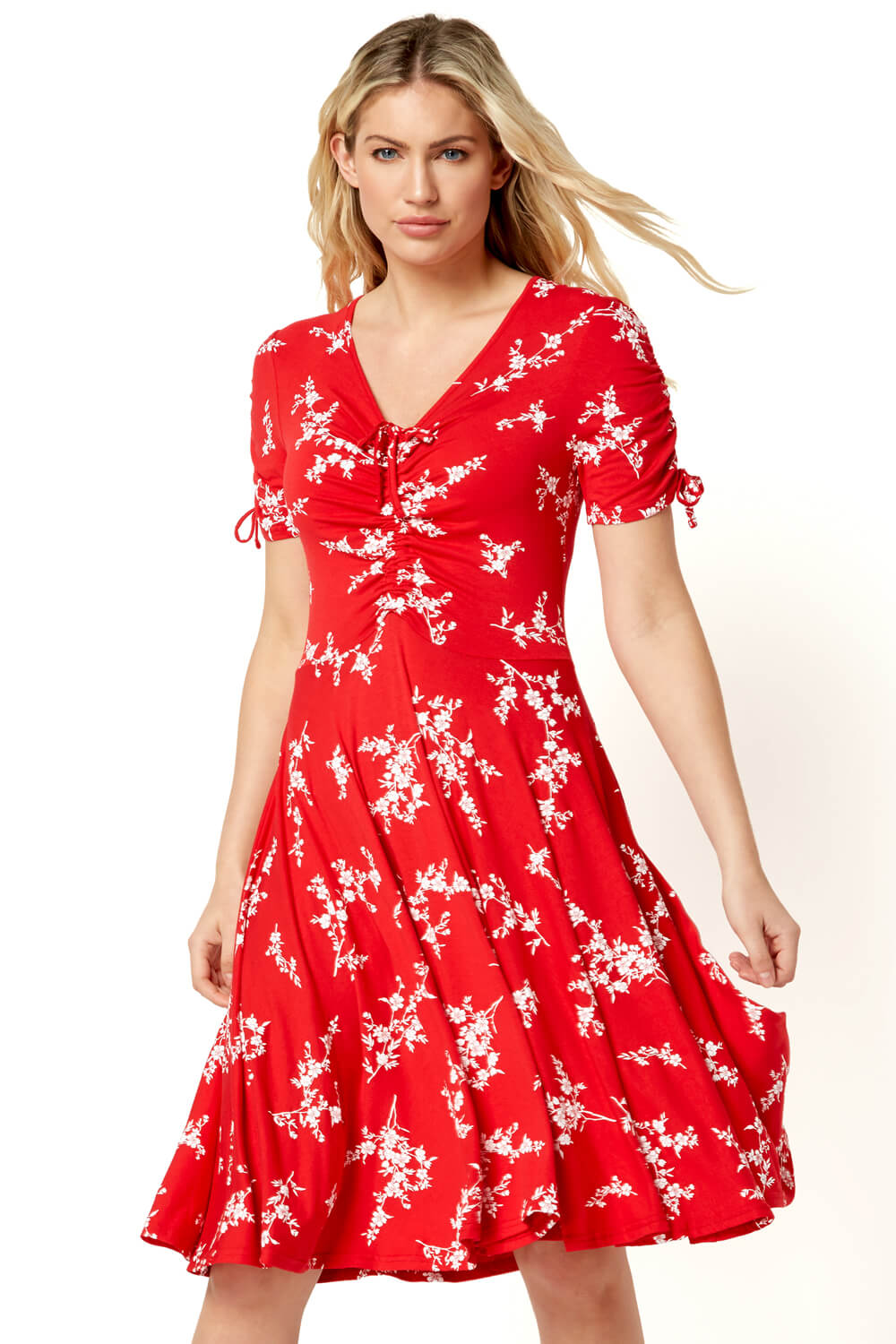 Red Floral V-Neck Short Sleeve Dress, Image 2 of 5