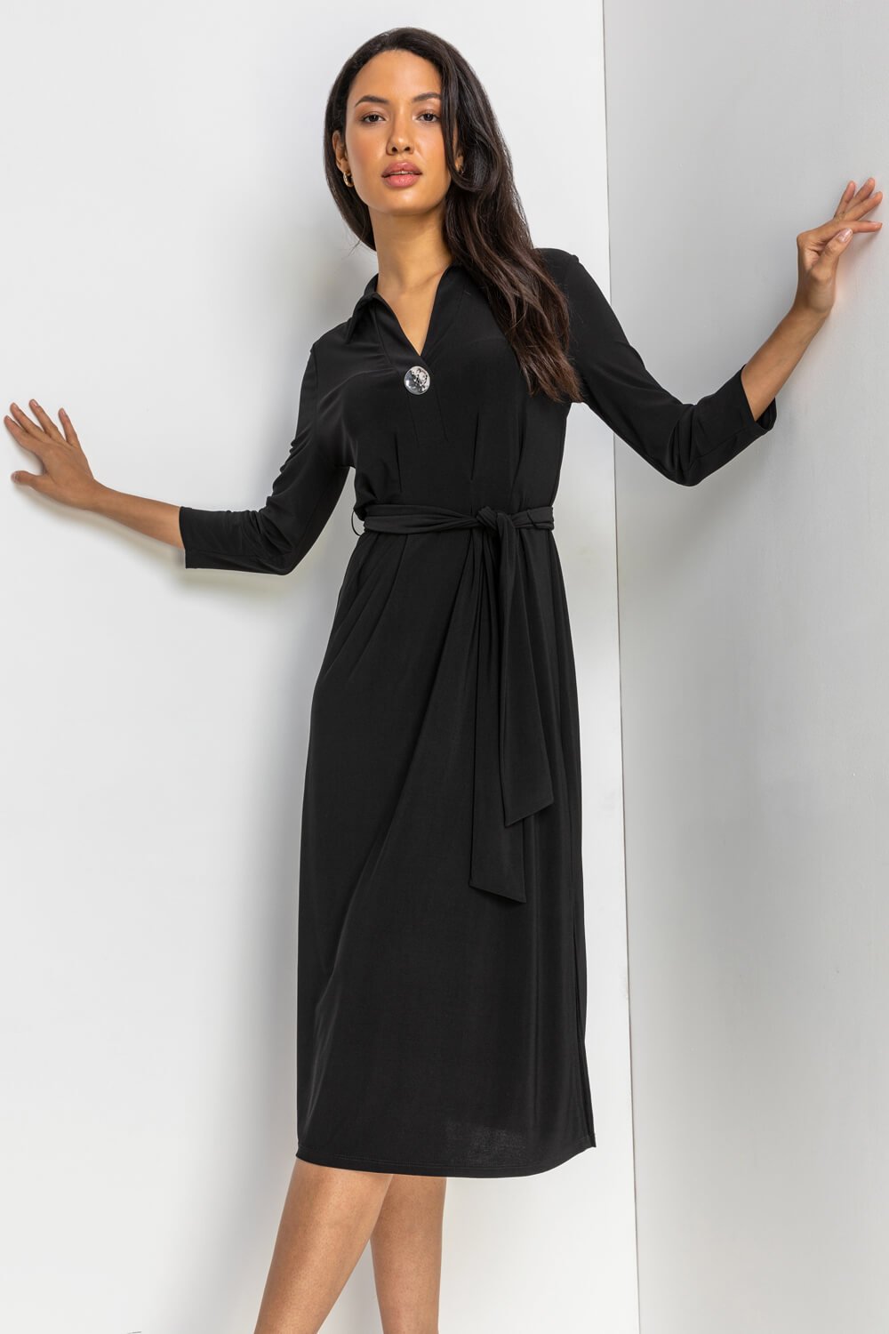 Black Plain Button Detail Midi Dress, Image 4 of 5