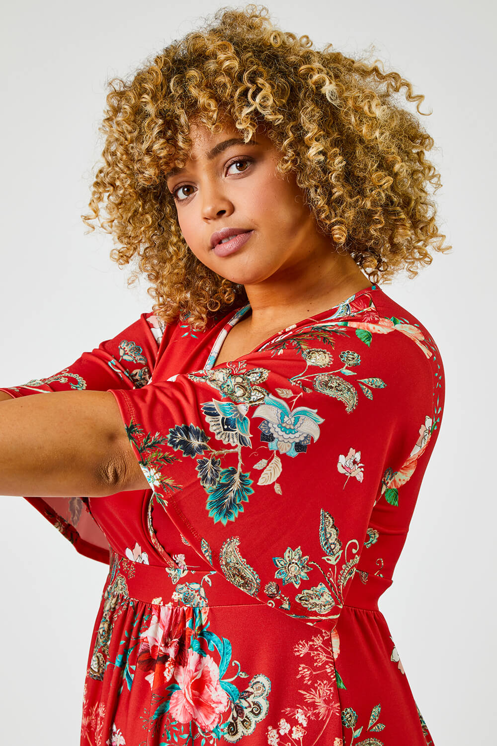 Red Curve Floral Border Print Maxi Dress, Image 4 of 4