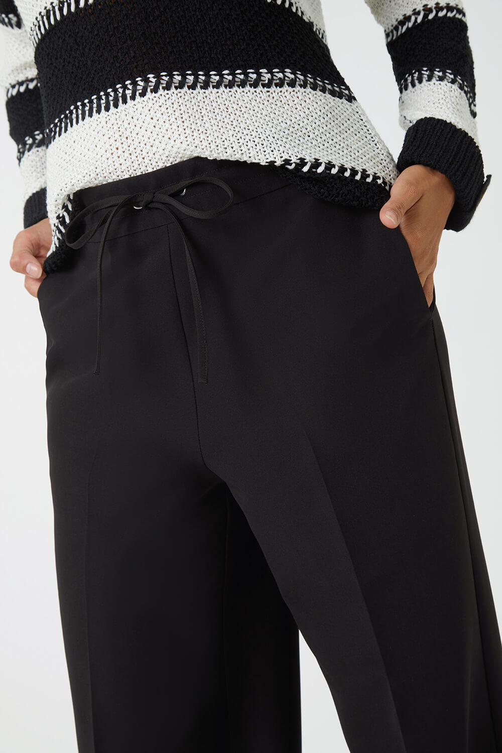 Black Wide Leg Tie Front Stretch Trouser, Image 5 of 5