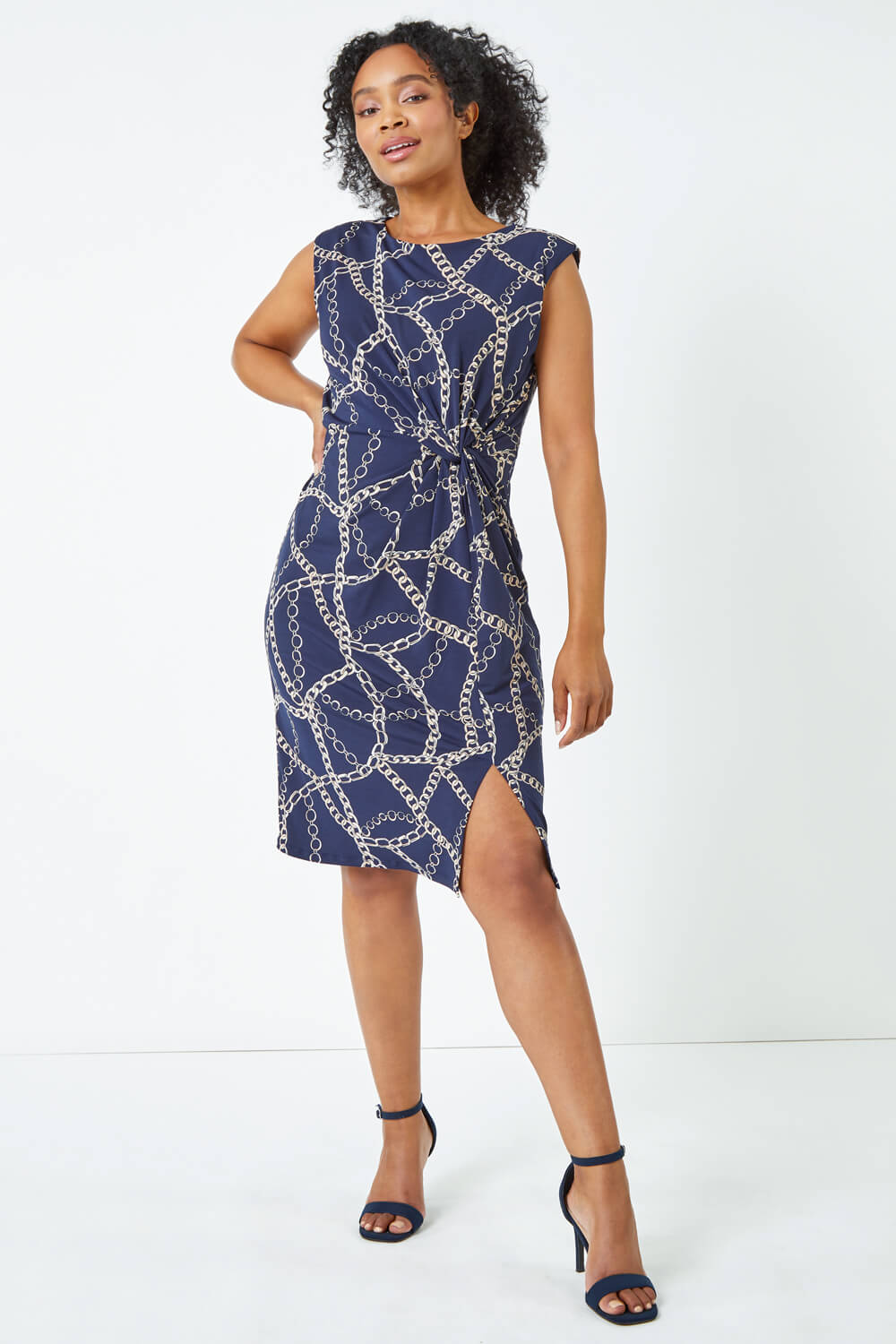 Navy  Petite Chain Print Knot Detail Ruched Dress, Image 2 of 5