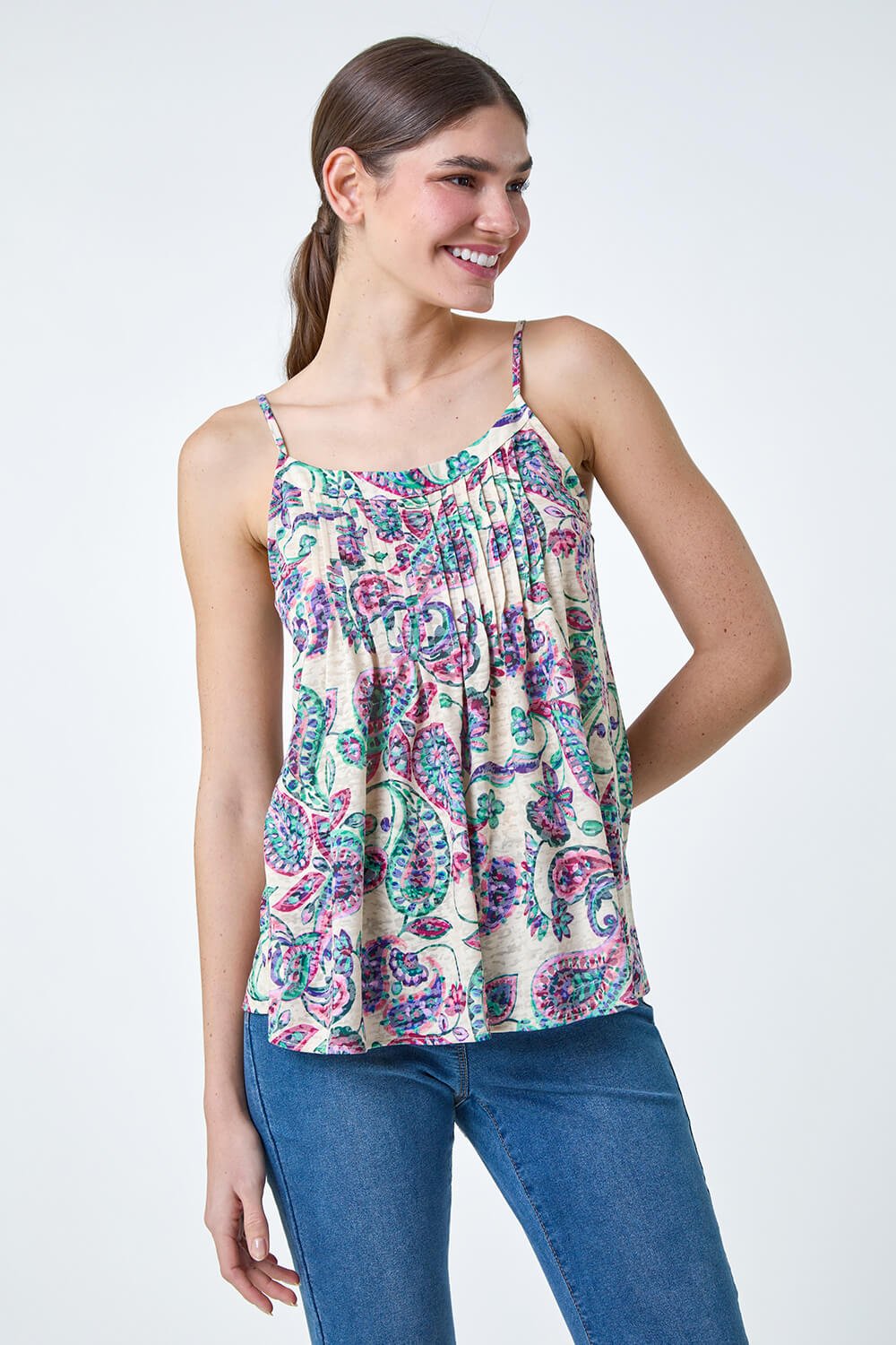 Purple Paisley Print Pleat Front Cami Top | Roman UK