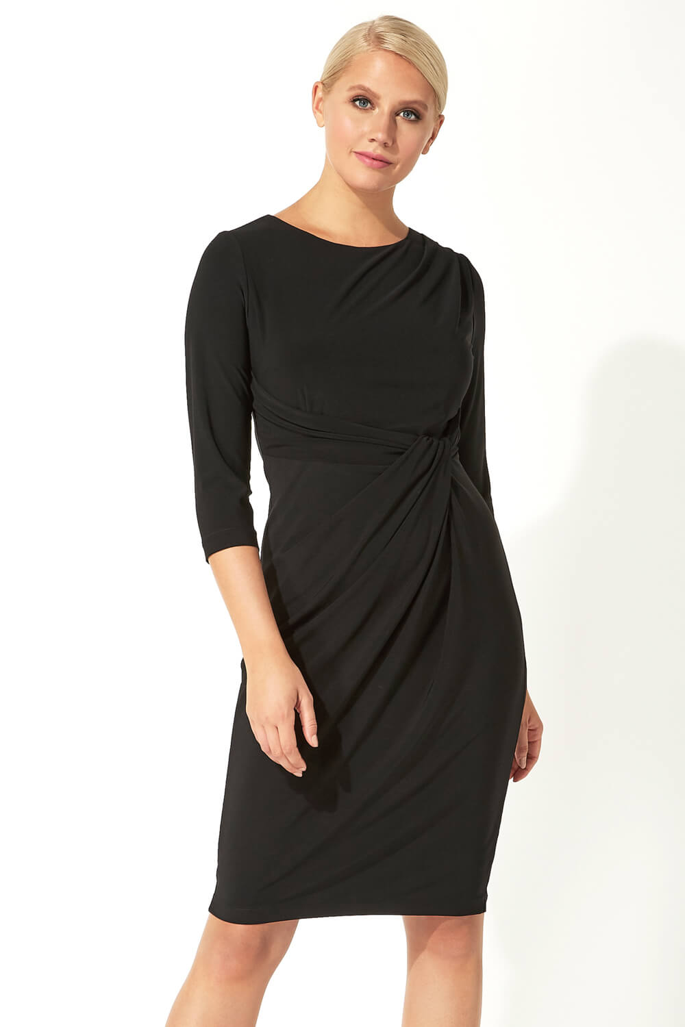 Black 3/4 Sleeve Twist Waist Dress, Image 1 of 5