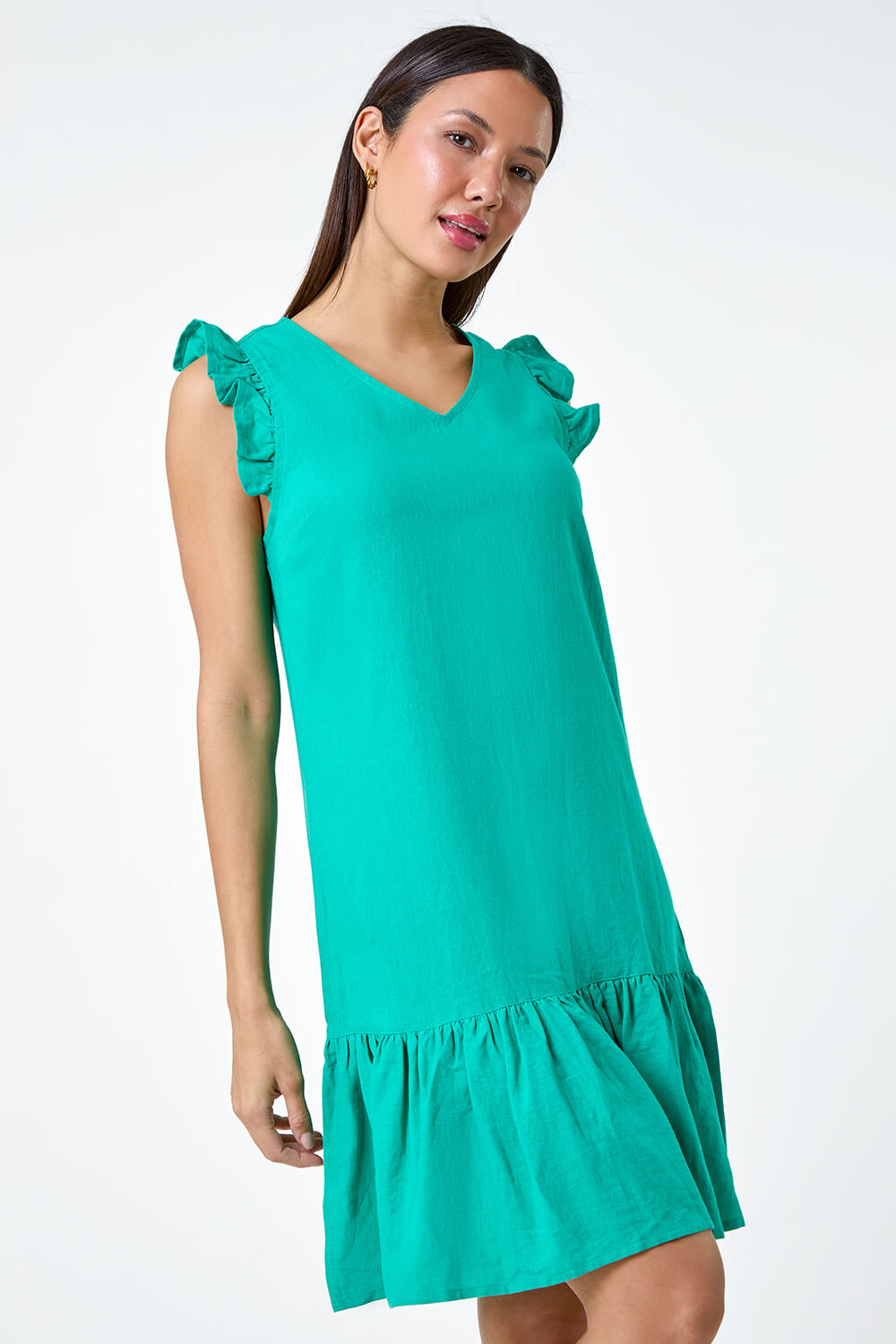 Jade Linen Blend Frill Detail Dress, Image 4 of 5