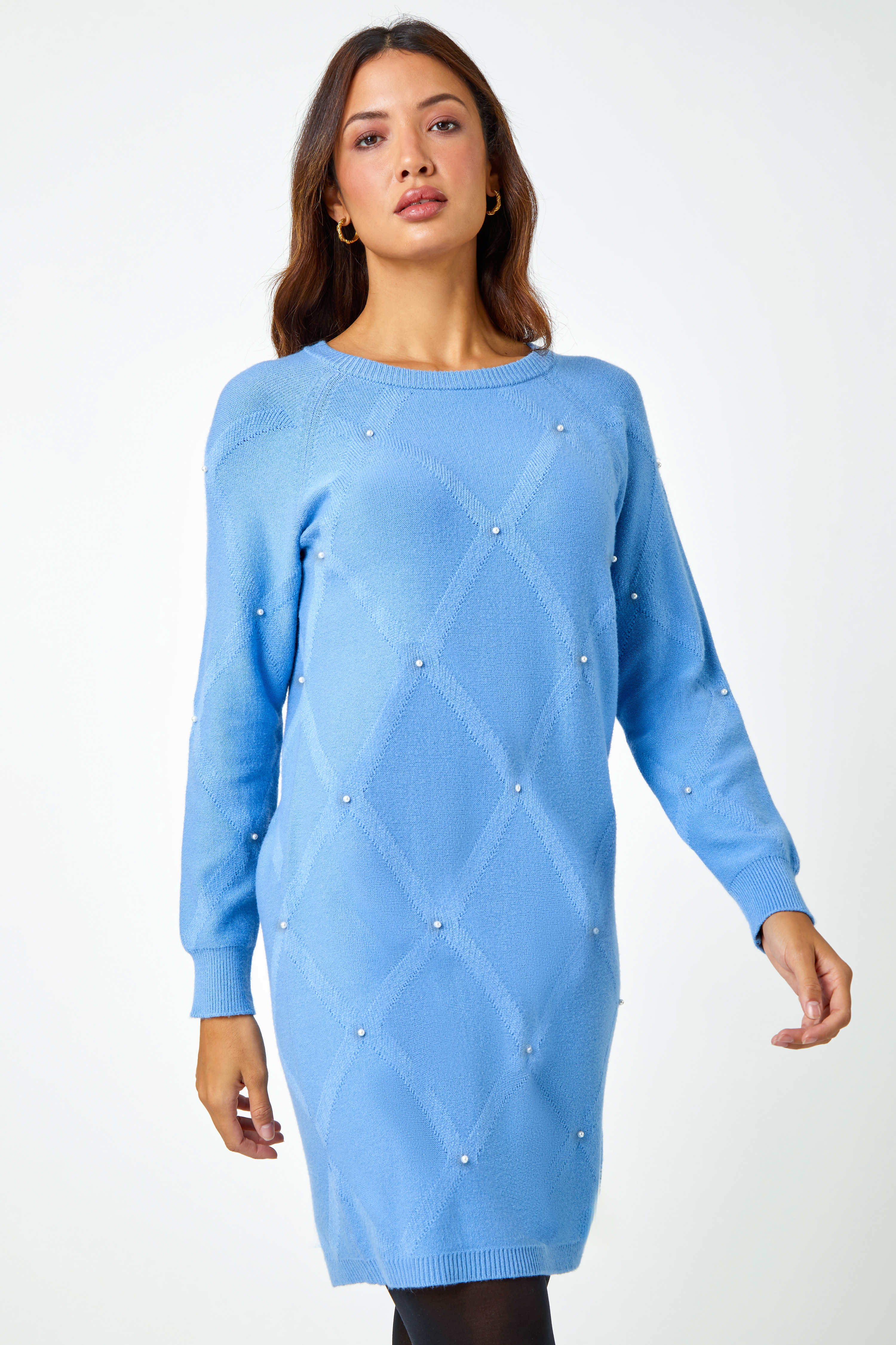 Light Blue  Pearl Embellished Jumper Dress, Image 3 of 5