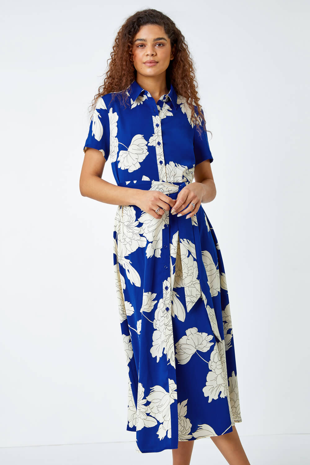 Royal Blue Contrast Floral Print Shirt Dress, Image 4 of 5