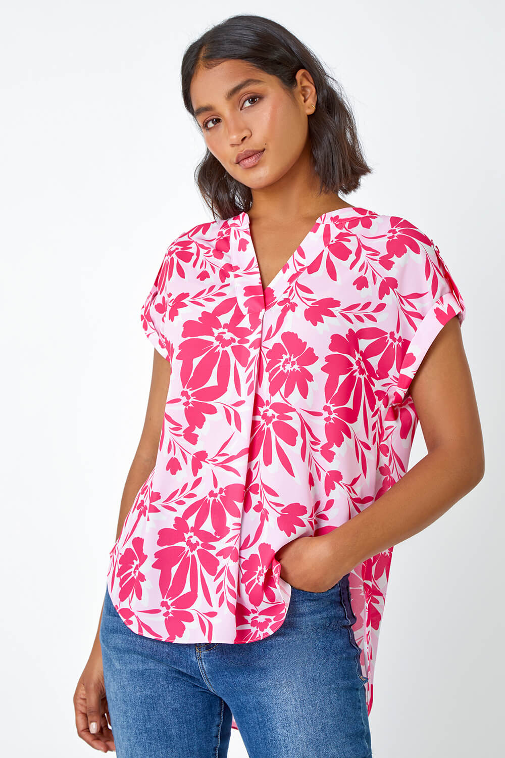 PINK Floral Print Pleat Front Top, Image 4 of 5