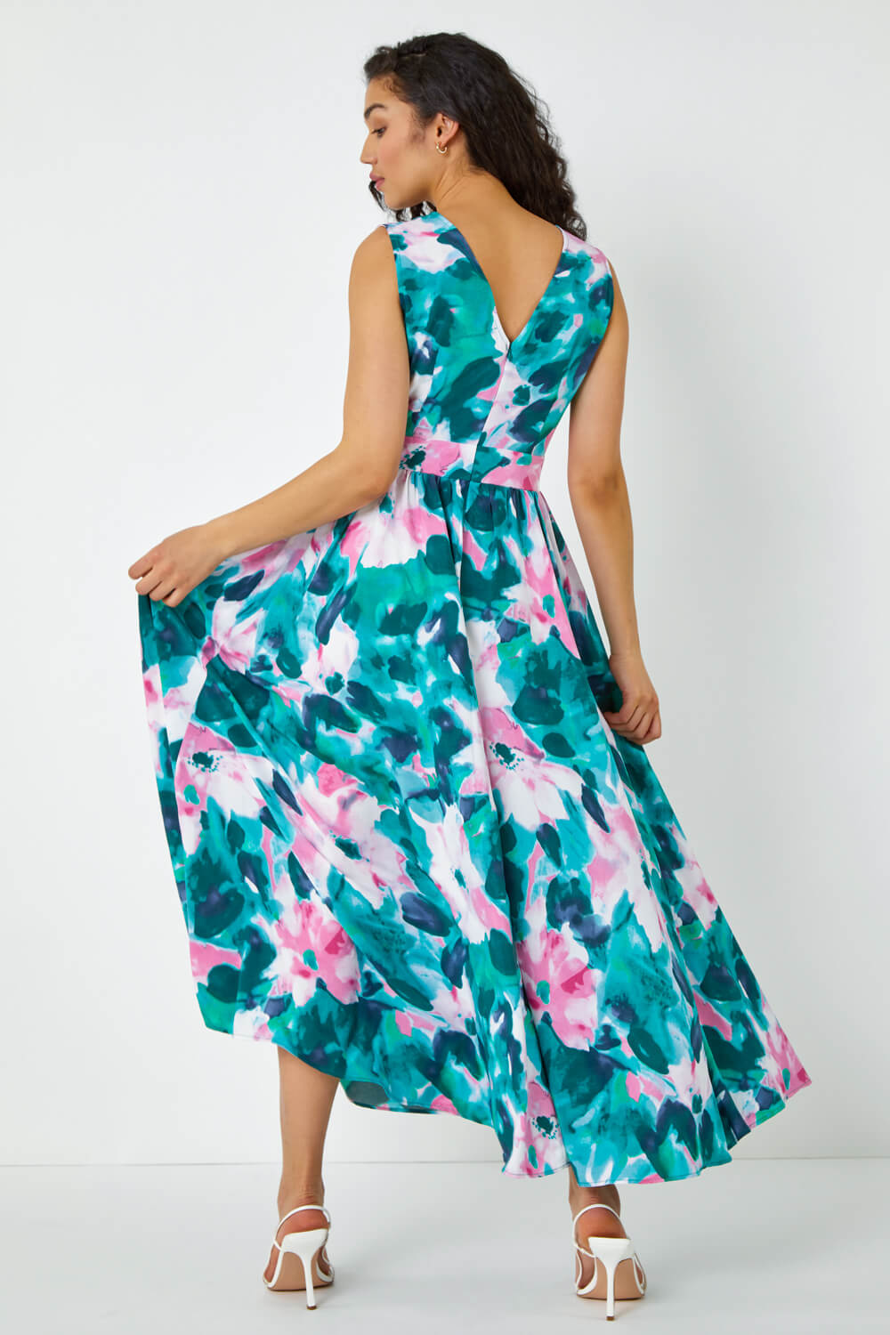 Green Sleeveless Floral Print Maxi Dress, Image 3 of 5