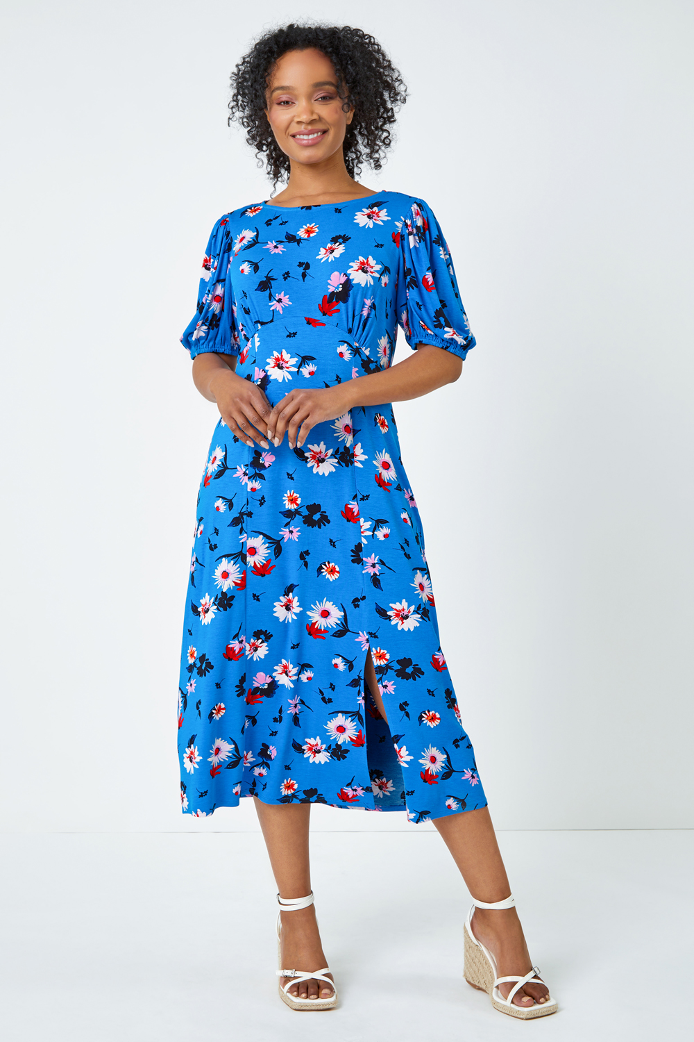 Turquoise Petite Floral Puff Sleeve Midi Dress, Image 2 of 5
