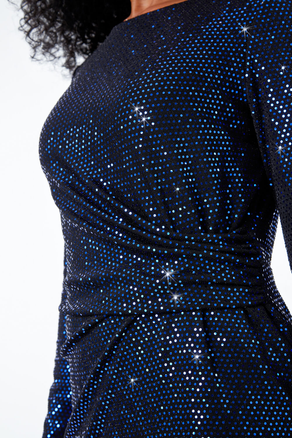 Blue Petite Ruched Glitter Dress, Image 4 of 5