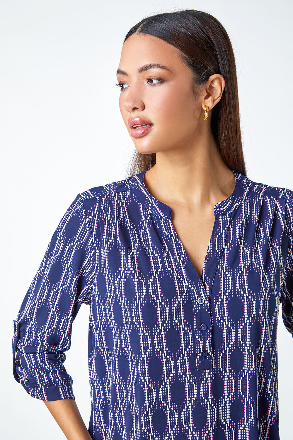 PINK Textured Geometric Print Stretch Shirt, Image 4 of 5