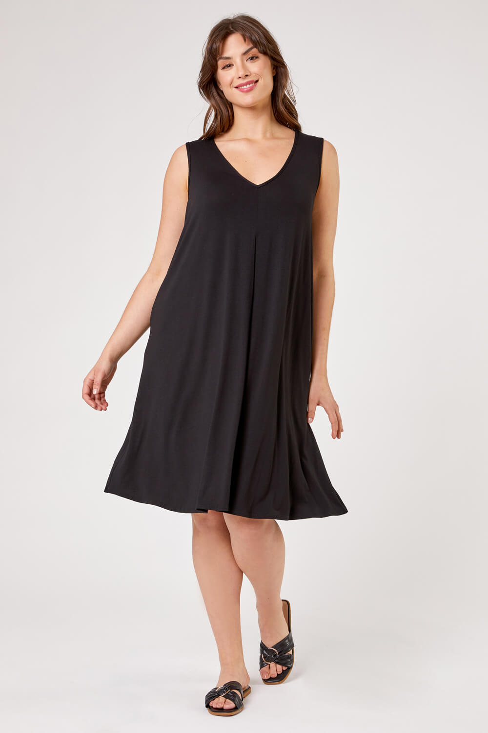 Black Curve Plain Pleat Swing Dress, Image 3 of 4