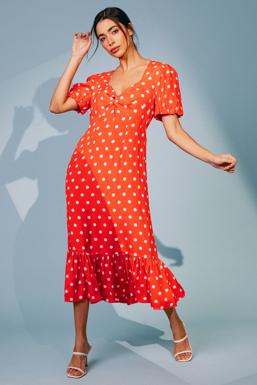 Red Polka Dot Twist Front Midi Dress, Image 2 of 6