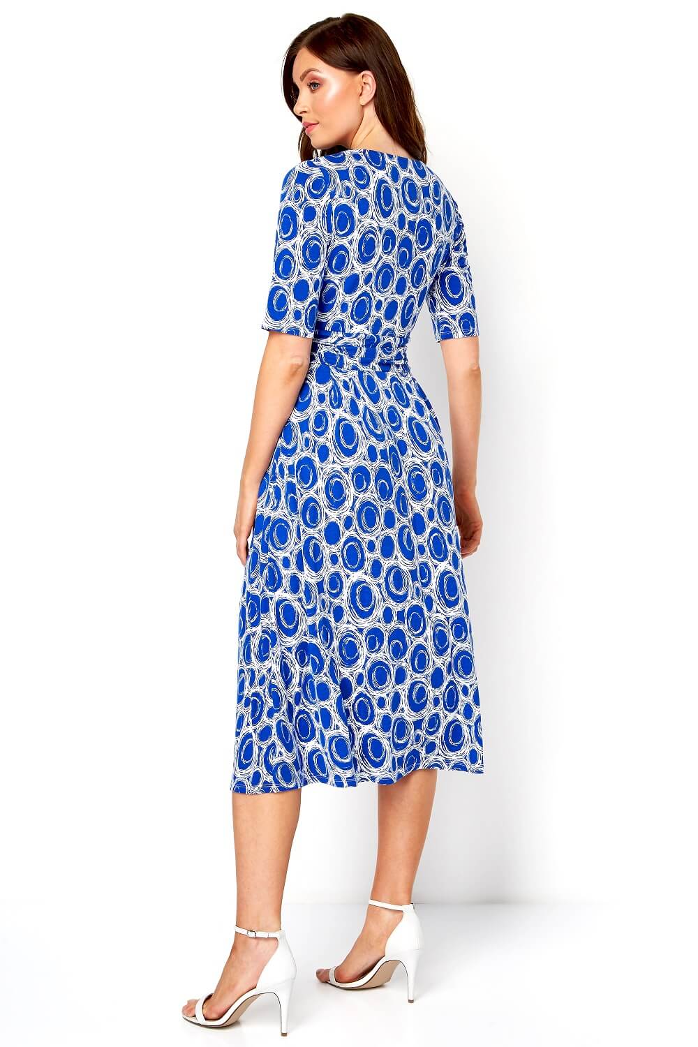 Royal Blue Spot Printed Fit and Flare Dress, Image 3 of 5