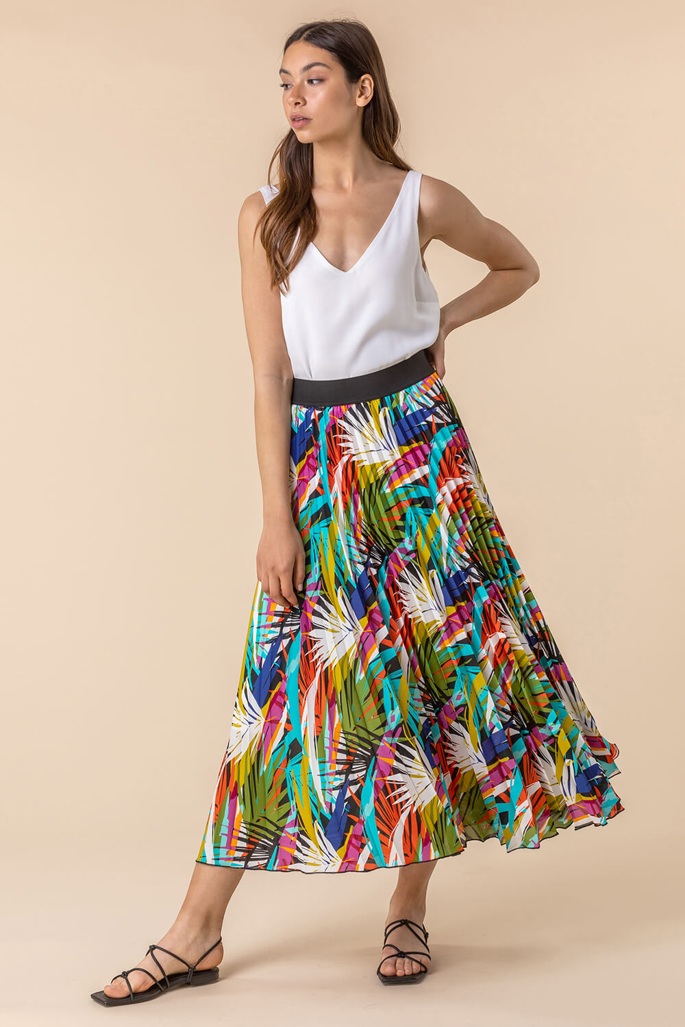 Multi  Tropical Leaf Print Pleated Maxi Skirt, Image 3 of 4