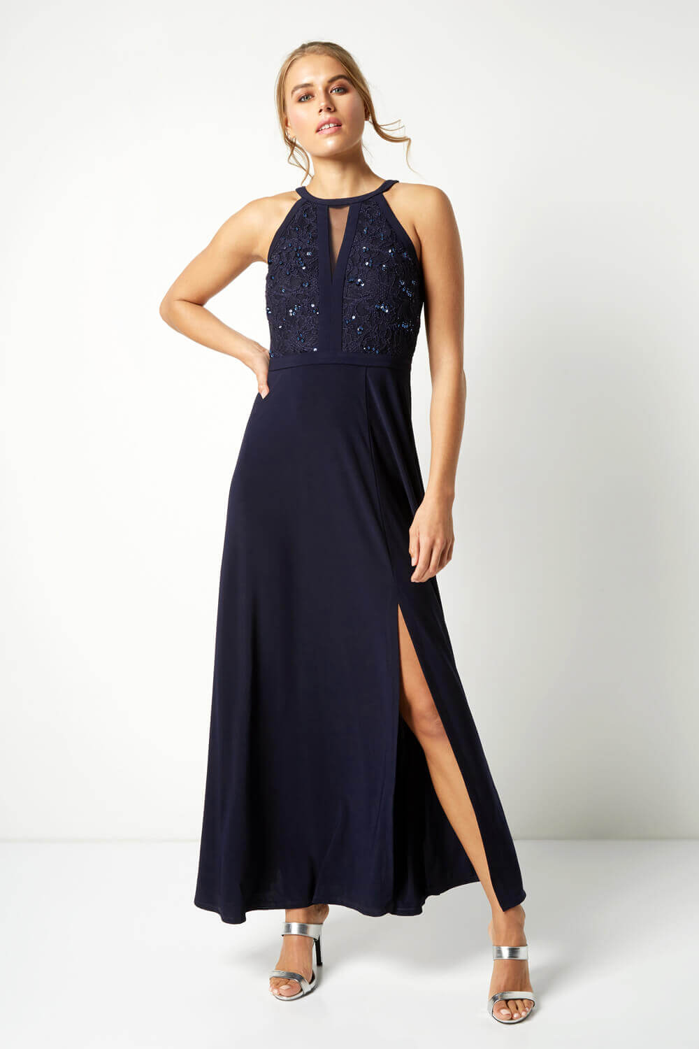 Midnight Blue Lace Keyhole Maxi Dress, Image 3 of 4