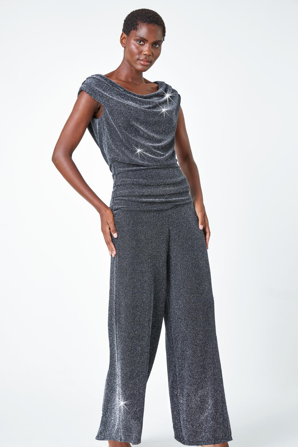 Silver Glitter Cowl Neck Ruched Stretch Jumpsuit, Image 2 of 5