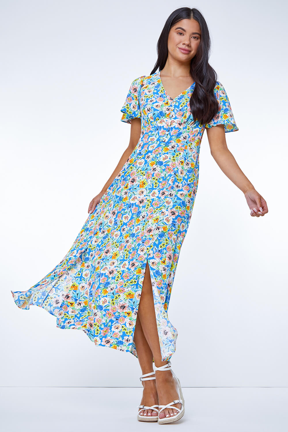 Blue Petite Floral Print Fit & Flare Dress, Image 3 of 6