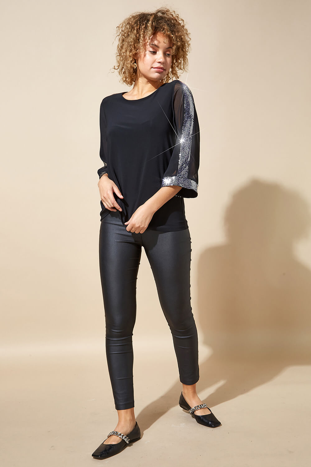 Black Contrast Sparkle Sleeve Top, Image 2 of 4