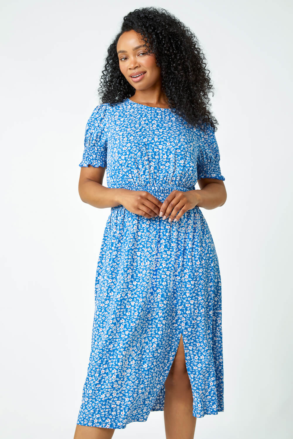 Blue Petite Ditsy Floral Stretch Dress | Roman UK