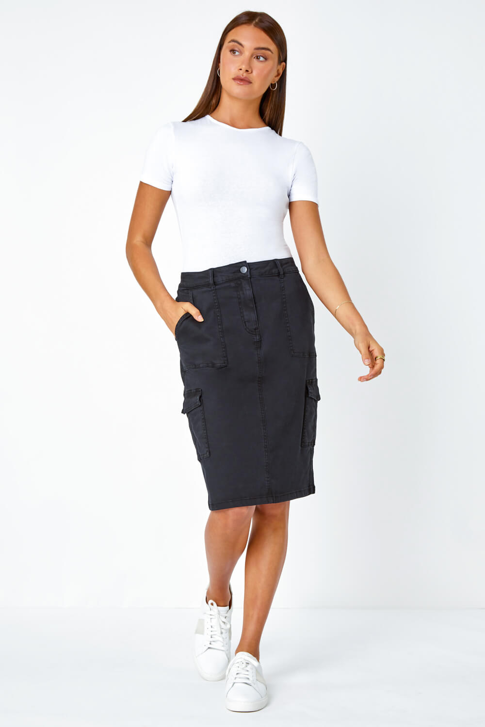Charcoal Cotton Blend Cargo Stretch Skirt , Image 3 of 5