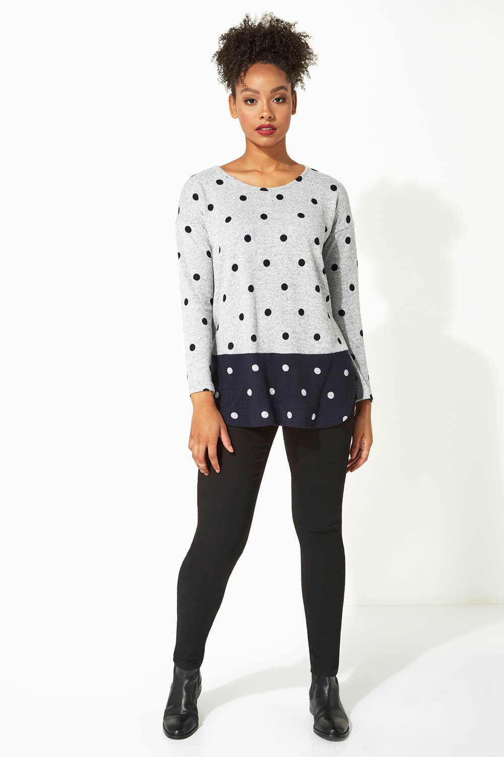 Grey Contrast Polka Dot Round Neck Long Sleeve Top, Image 2 of 4