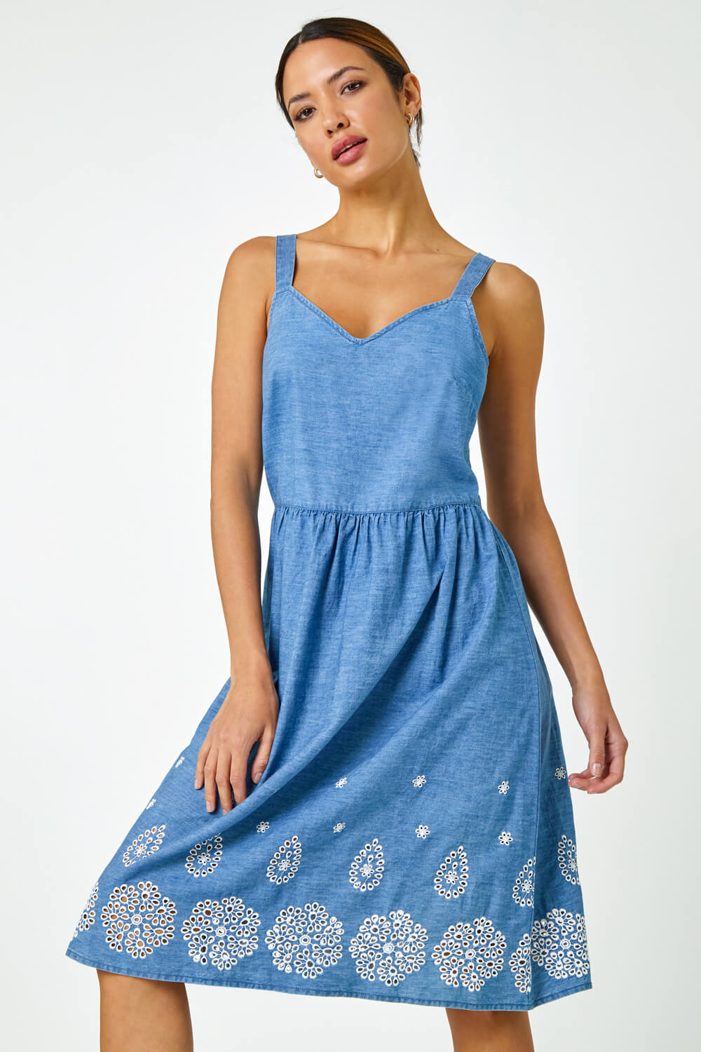 Denim Sleeveless Cotton Embroidered Midi Dress, Image 4 of 5