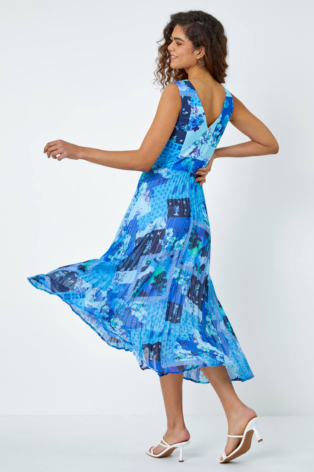 Blue Mixed Floral Print Pleated Midi Dress, Image 3 of 5