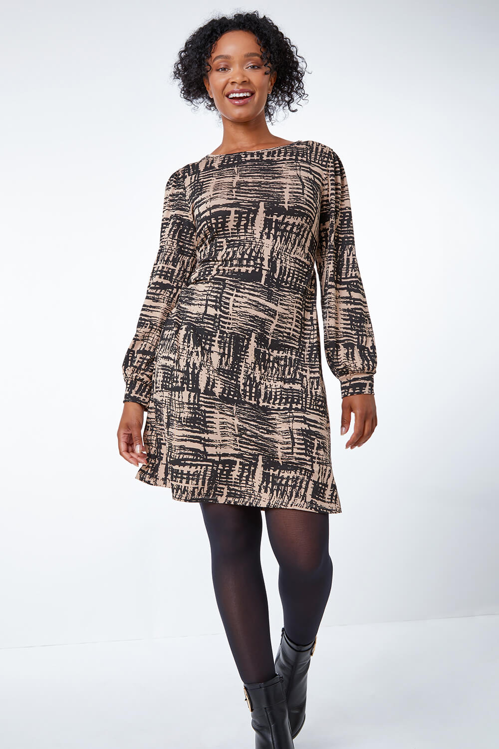 Taupe Petite Abstract Print Fit & Flare Dress, Image 2 of 5
