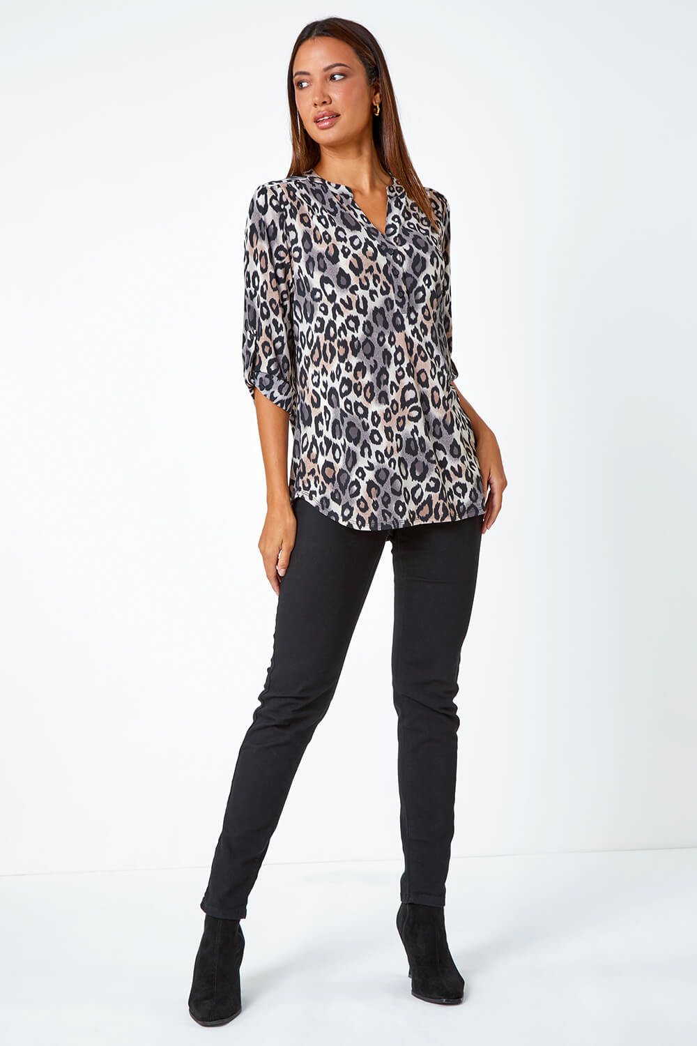 Taupe Animal Print Stretch Blouse, Image 4 of 5