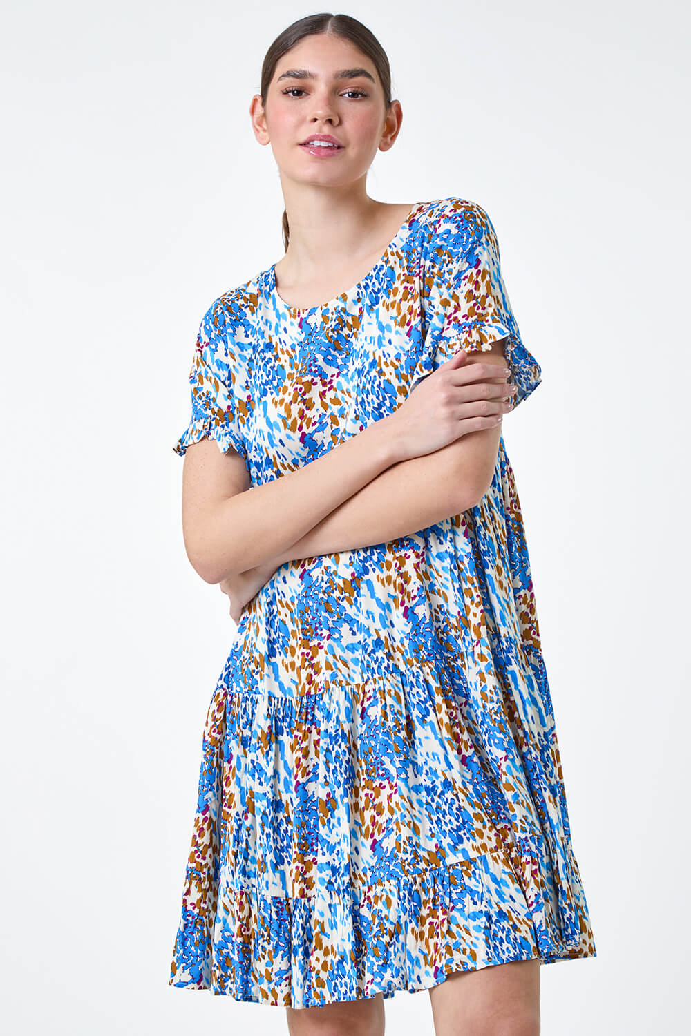 Blue Abstract Print Tiered Smock Dress, Image 2 of 5