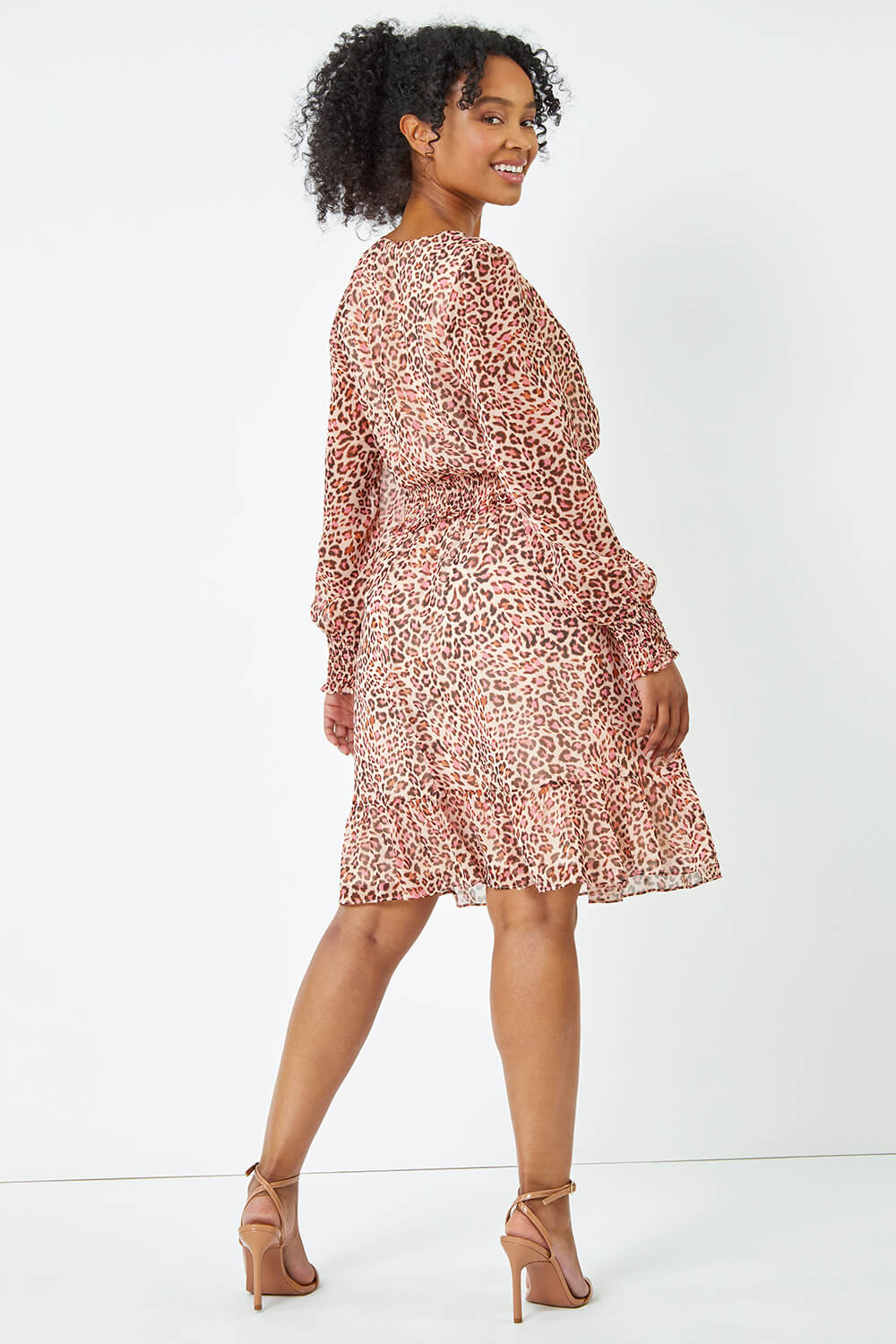 Stone Petite Tiered Leopard Print Frill Dress, Image 3 of 5