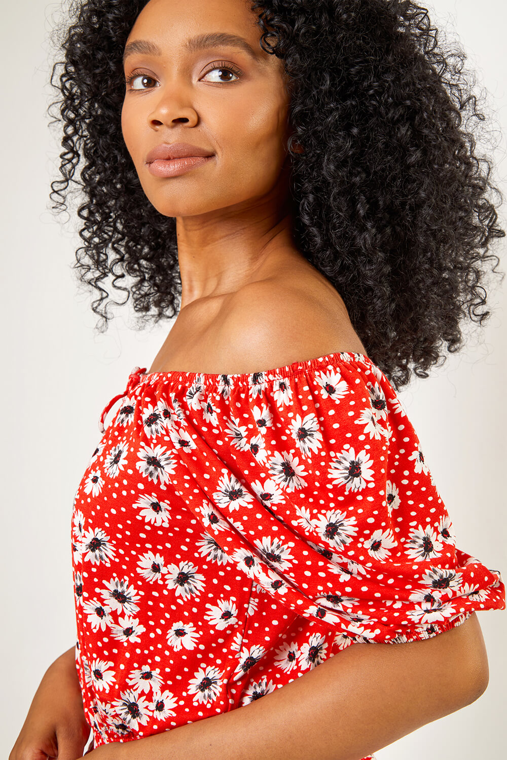 Red Petite Floral Print Shirred Waist Top, Image 5 of 5