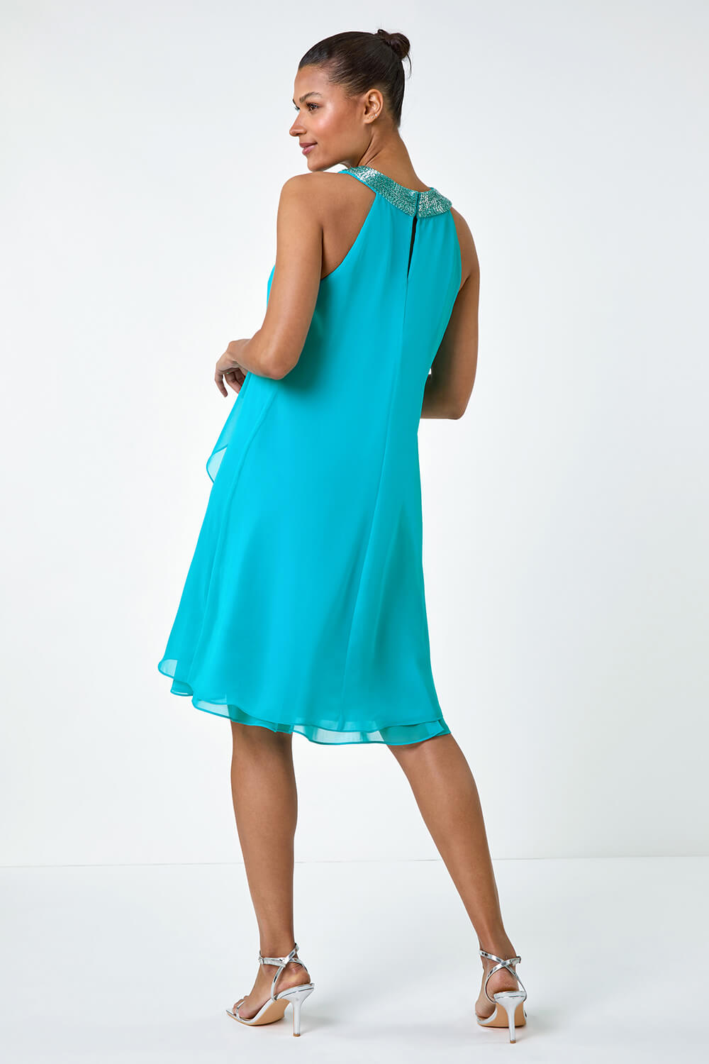 Turquoise Embellished Collar Frilled Chiffon Dress, Image 3 of 5