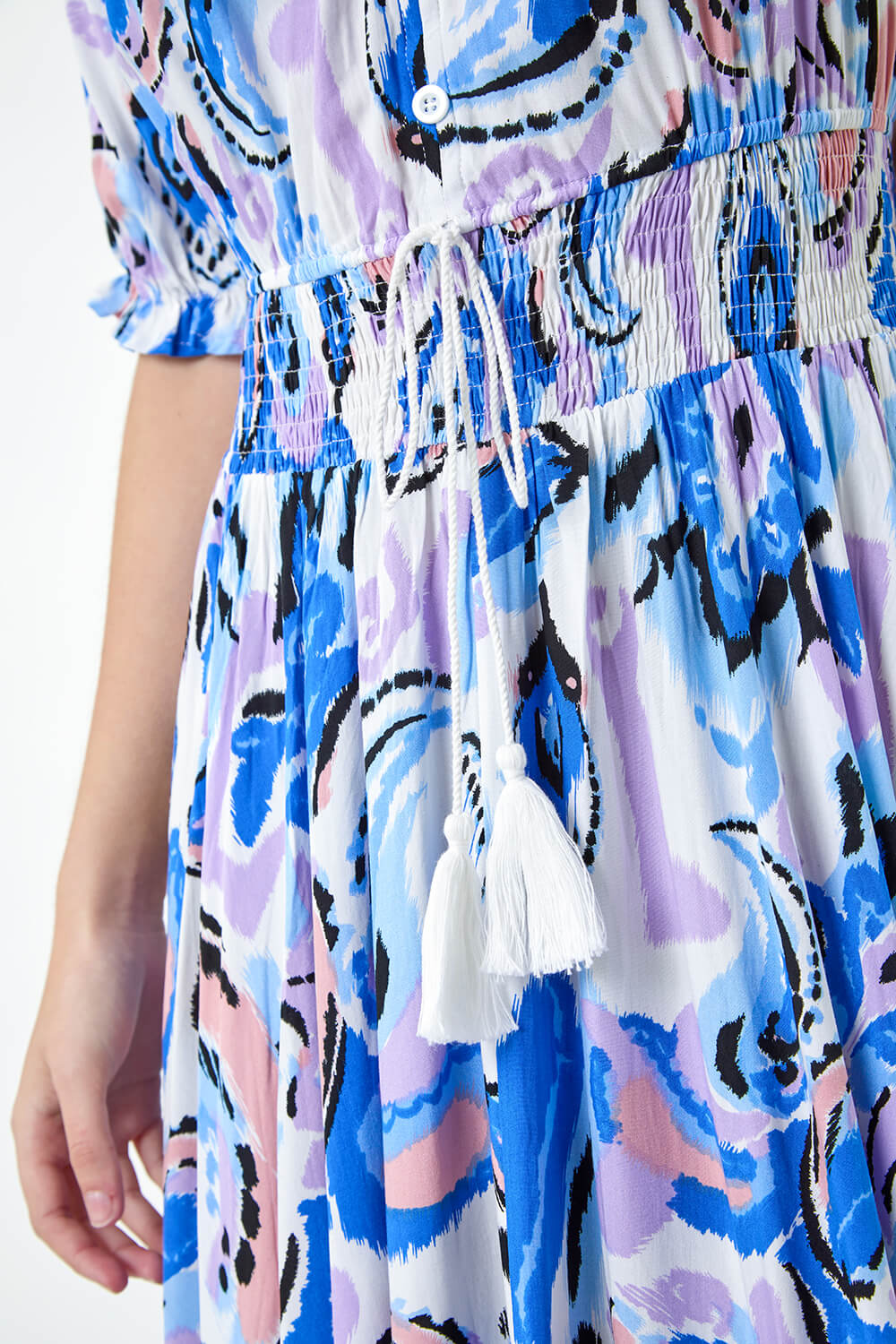 Blue Shirred Waist Abstract Print Maxi Dress, Image 5 of 5