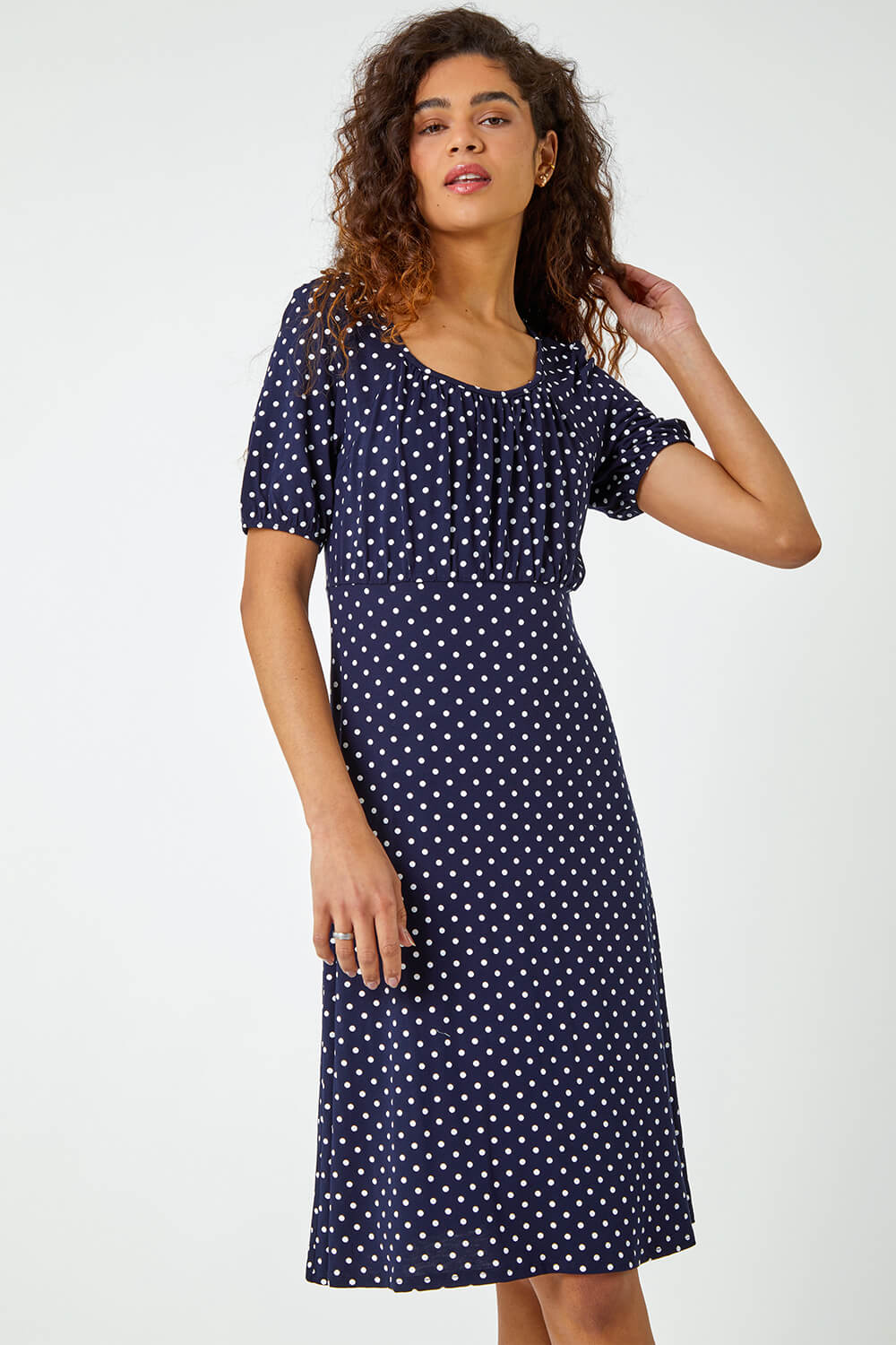 Navy  Polka Dot Print Stretch Dress, Image 2 of 5